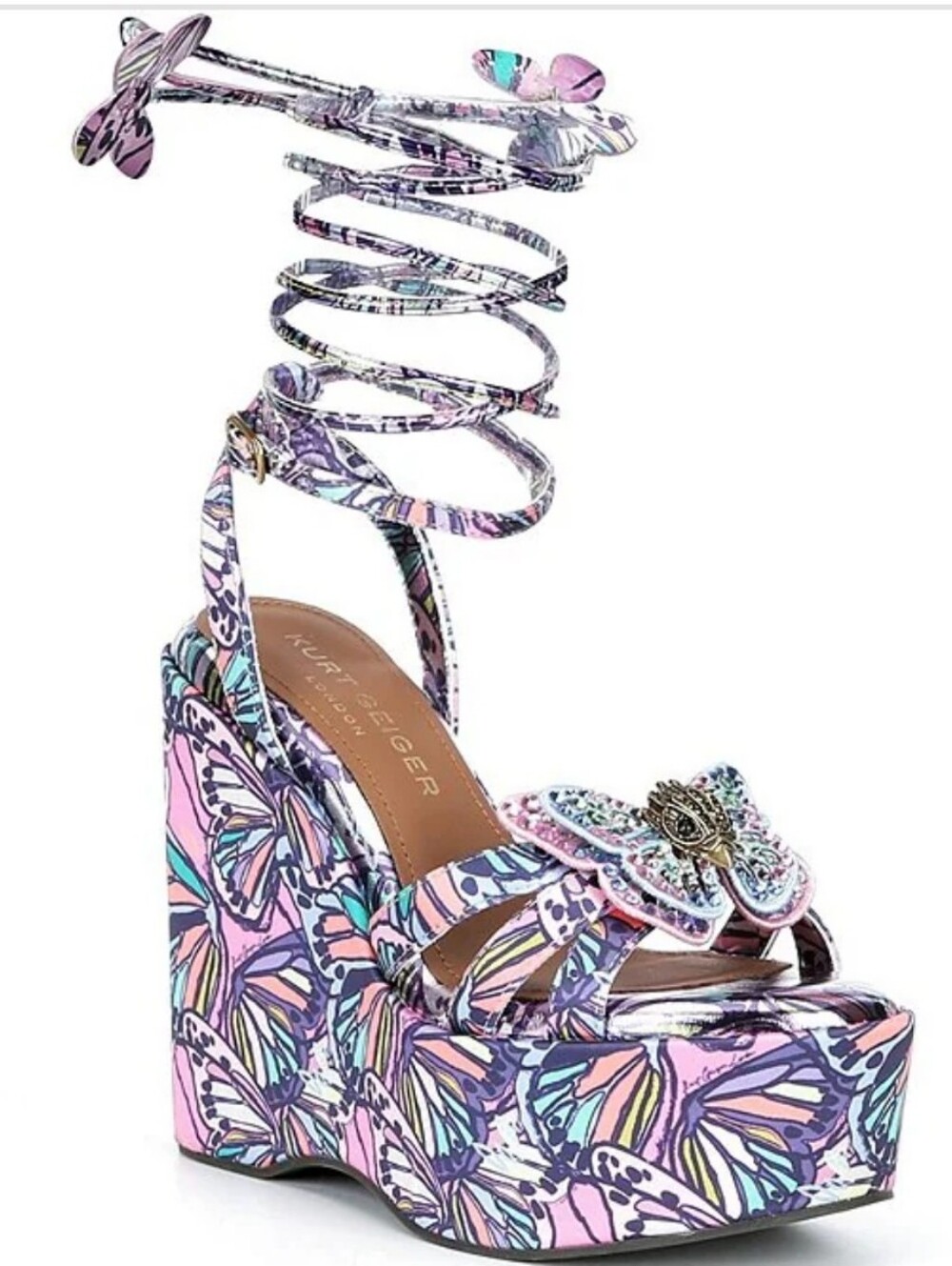 Kurt Geiger London Pastel Butterfly Silk Ankle Tie Embellished Platform Wedges